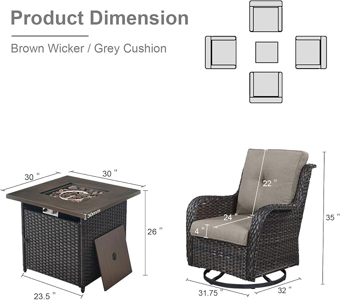 Belord Patio Furniture Set with Fire Pit Table, Outdoor Swivel Rocker Patio Chairs, Wicker Furniture Set Ideal for Porch, Deck, Pool, Yard, SunroomBrown Wicker/Gray
