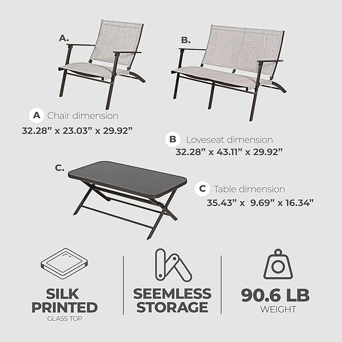 Four Seasons Courtyard Novara 4 Piece Steel Folding Outdoor Patio Furniture Conversation Set with 2 Patio Chairs, 1 Loveseat, and Table, Tan/Espresso