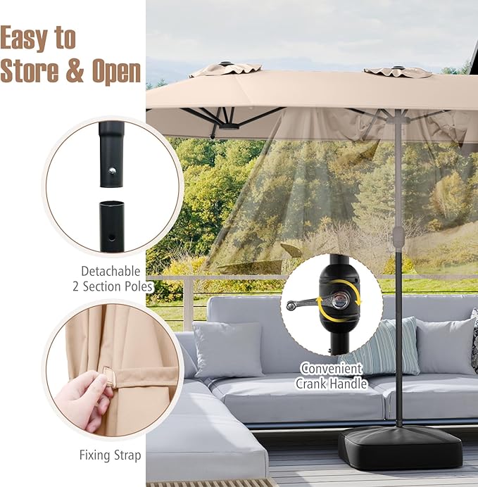 Tangkula 13FT Double-sided Patio Umbrella, Extra Large Twin Table Umbrella with Crank Handle, Umbrella Base, Safety Lock, Air Vent, Outdoor Market Umbrella for Garden Pool Backyard (Beige)