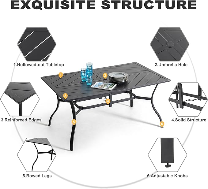 NUU GARDEN 7 Piece Outdoor Patio Dining Set, 6 Textilene Dining Chairs and 61" Rectangular Patio Dining Table with 1.77" Umbrella Hole, for Backyard, Patio, Garden, Gray and Black