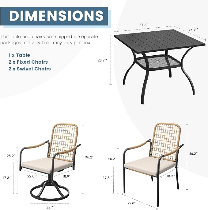 DIFY 5 Pieces Outdoor Dining Set for 4, 37.8" Black Square Metal Table with 2 Stackable Wicker Patio Chairs & 2 Swivel Chairs, Patio Furniture Set with Cushions and Umbrella Hole, Wheat Rattan