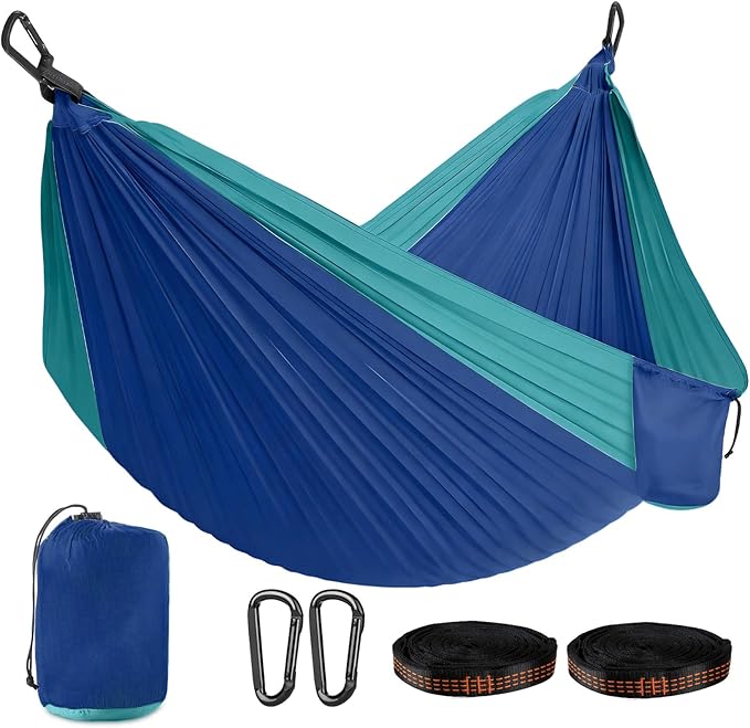 PeakPursuit Camping Double Hammock, Portable Hammock with Tree Straps, Tree Hammocks, Perfect for Outside Indoor Hiking Beach Backpack Travel, Blue