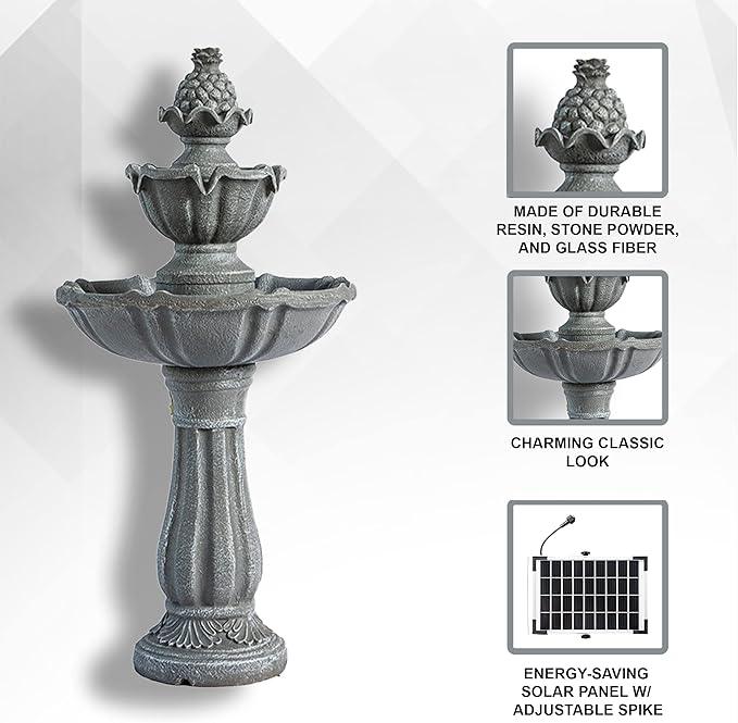 XBrand 36.2" Solar Powered 2-Tier Outdoor Water Fountain, Resin Fountain with Solar Panel Pump, Gray