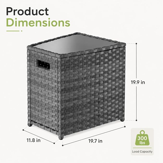 Restland Outdoor Wicker Table - Grey Rattan Coffee Table with Tempered Glass Top & Storage Cabinet, Multi-Functional End Table for Patio, Deck, Porch, 300LBS Load Bearing
