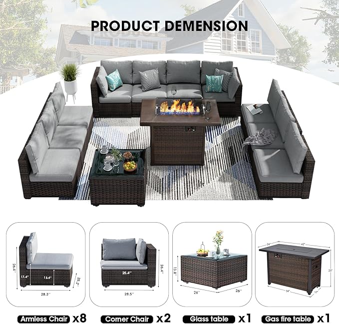 Patio Furniture Set 12 Pieces with 44" Fire Pit Table, Rattan Outdoor Sectional Conversation Sets, All Weather Outdoor Furniture Set with Cushions for Garden Lawn Balcony Porch Deck Grey