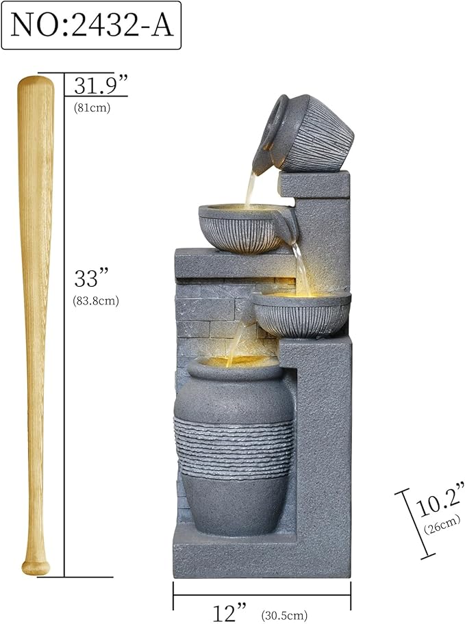 31.89" Outdoor Water Fountain with LED Lights, 4-Tier Floor-Standing Garden Waterfall Fountain, Rustic Pot Design Resin Water Feature for Patio, Backyard, Deck, Porch, Home Deco