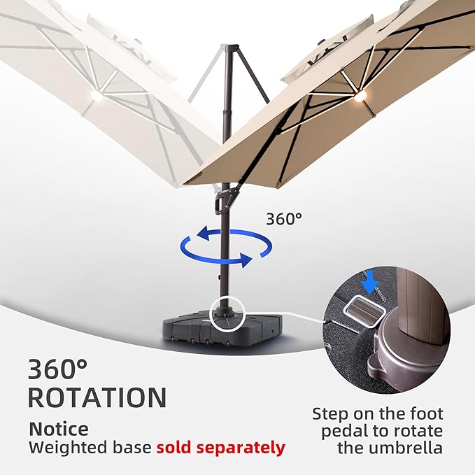 9 X 12 FT Cantilever Outdoor Patio Umbrella with Led Lights Heavy Duty Windproof Double Top Large Rectangle Offset Umbrellas with 360-degree Rotation for Garden Pool Deck Backyard, Beige