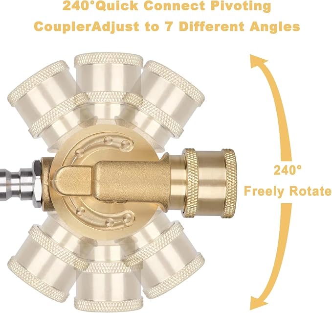 Pressure Washer Pivoting Coupler Kit - 240 Degree Rotation, Includes Gutter Cleaner Attachment, 7 Spray Nozzle Tips with Holder,1/4" Quick Connect - 4500 PSI