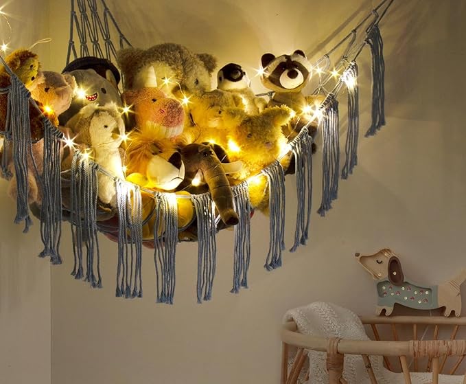 Stuffed Animal Storage Hammock Corner X-Large with LED Light - Baby Hammock Hanging Holder Plushies Net for Stuff Animals Organizer - Cute Room Decor Aesthetic Kids Toddler Nursery Bedroom