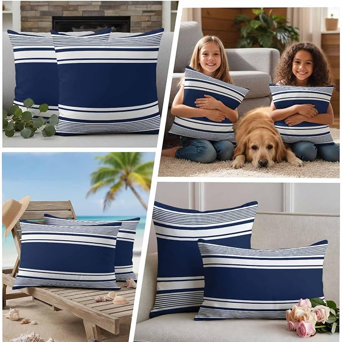 Outdoor Waterproof Throw Pillow Covers, Navy Blue Striped Decorative Pillow Cases, Modern Color Block Farmhouse Stripes Couch Pillow Protector Patio Sofa Cushion Covers Replacement 18"x18" 2 Pack