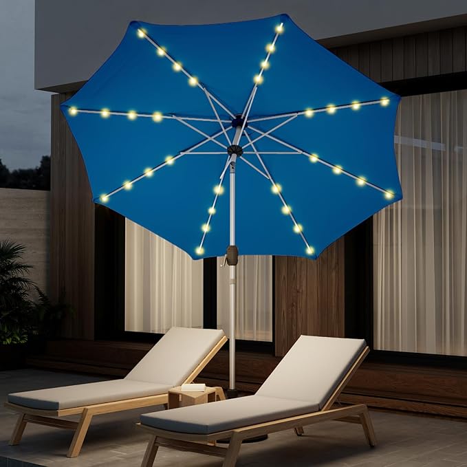 9FT Aluminum Patio Umbrella with 40-LED Solar Lighted, Fade-Resistant Outdoor Market Table Umbrella with Push Button Tilt Function, 8 Sturdy All-Aluminum Ribs for Gardens, Decks, Backyards & Pools