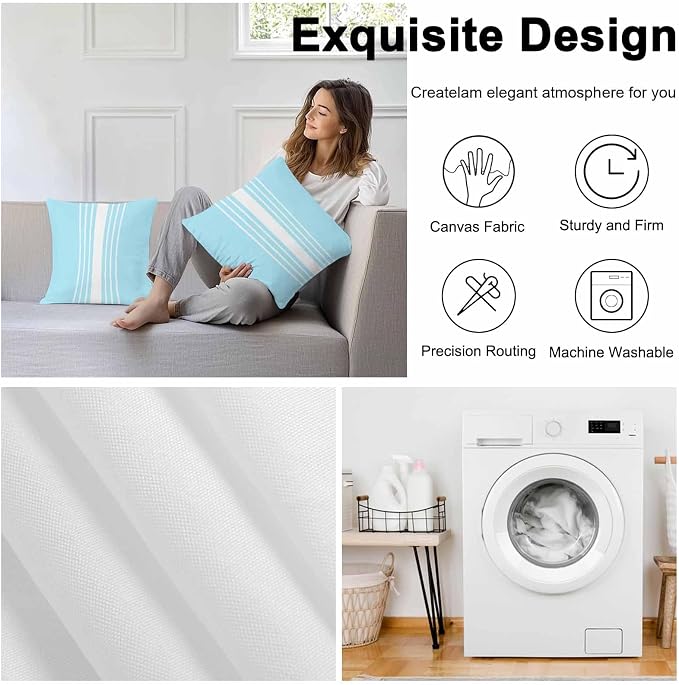 Aqua White Stripe Outdoor Pillow Covers 20x20 Inch Throw Pillow Covers Set of 2 Waterproof Decorative Pillow Cases Modern Rustic Vertical Striped Cushion Covers for Patio Furniture Garden Couch Sofa