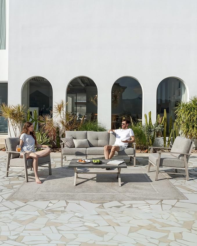 Aluminum Patio Sofa Set, 4 Piece Outdoor Patio Furniture Set with Thick Cushions, All Weather Outdoor Sectional Sofa Couch Sets for Deck, Lawn, Poolside, Backyard, White Oak