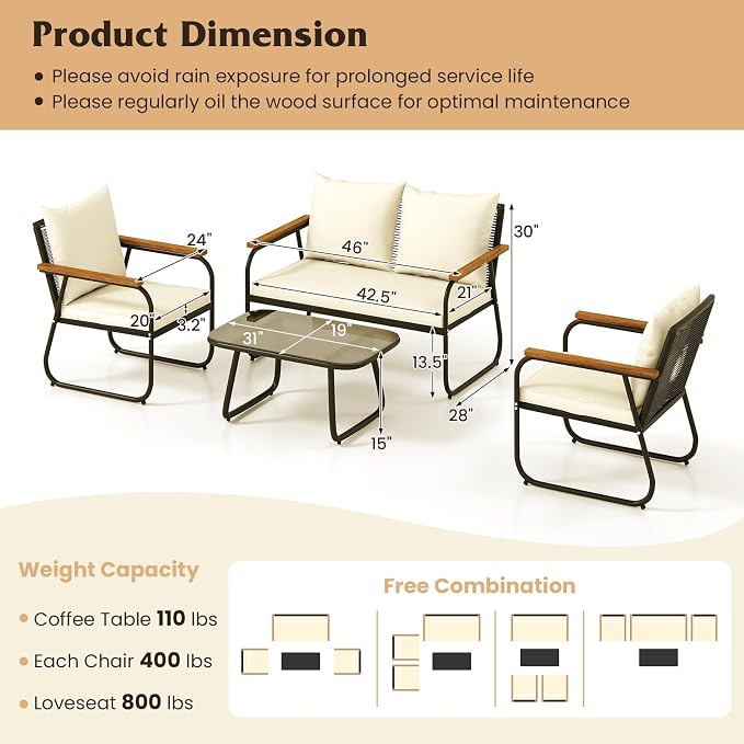 Tangkula 8 Pieces Wicker Patio Furniture Set, Outdoor Conversation Set with Tempered Glass Coffee Table, Rattan Cushioned Chairs with Acacia Wood Armrests for Garden, Yard and Poolside (Off White,4)