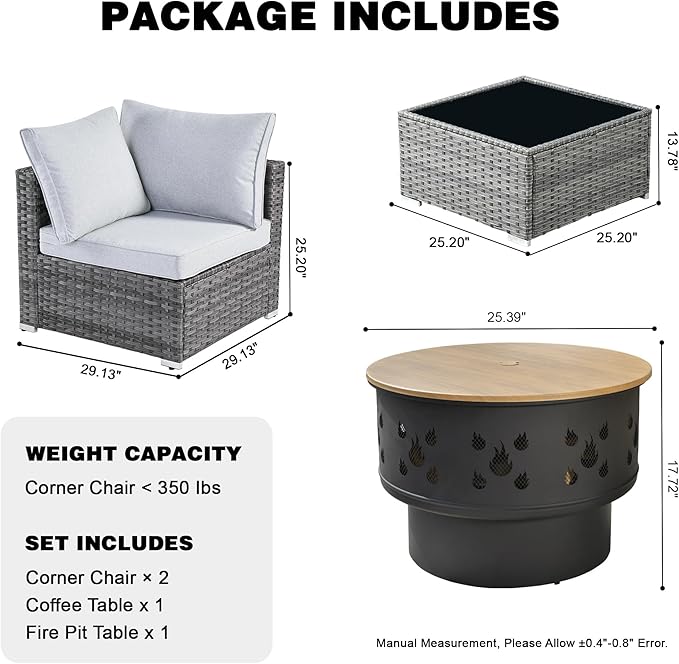 HOOOWOOO 4-Piece Outdoor Wicker Patio Furniture Set, Modular Sectional Sofa with Cushions, Side Table, and Fire Pit Table, All-Weather Rattan Garden Seating for Patio, Porch, or Balcony (Grey)