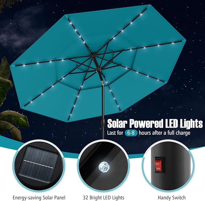 Tangkula 10 FT Solar LED Patio Umbrella, 3-Tier Vented Outdoor Market Table Umbrella with 32 LED Lights, Tilt Adjustment, Crank Handle, 8 Ribs for Backyard Pool Deck (Turquoise)