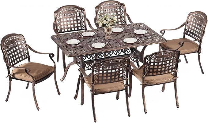 Redlife 7-Piece Cast Aluminum Outdoor Dining Set, 59" Rectangular Patio Table with Umbrella Hole, 6 Stackable Chairs with Cushions, Lattice Backrest, Waterproof Patio Furniture Set