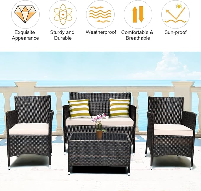 4 Pieces Patio Sofa Set, Wicker Conversation Set with Ergonomic Curved Backrest, Patio Rattan Furniture Set with Soft Cushion, Gray Cover & Tempered Glass Table for Balcony, Porch (Brown)