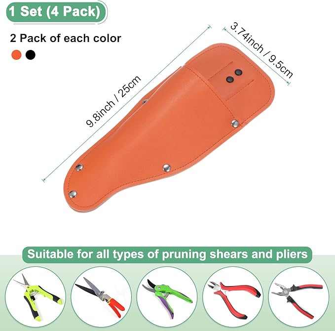 M METERXITY 4-Pack Garden Pruner Sheath, Portable Leather Pruning Shears Sheath Pliers Holder for Belt, Garden Scissors Leather Case for Hand Pruner/Garden Shears/Clippers [Black/Orange]
