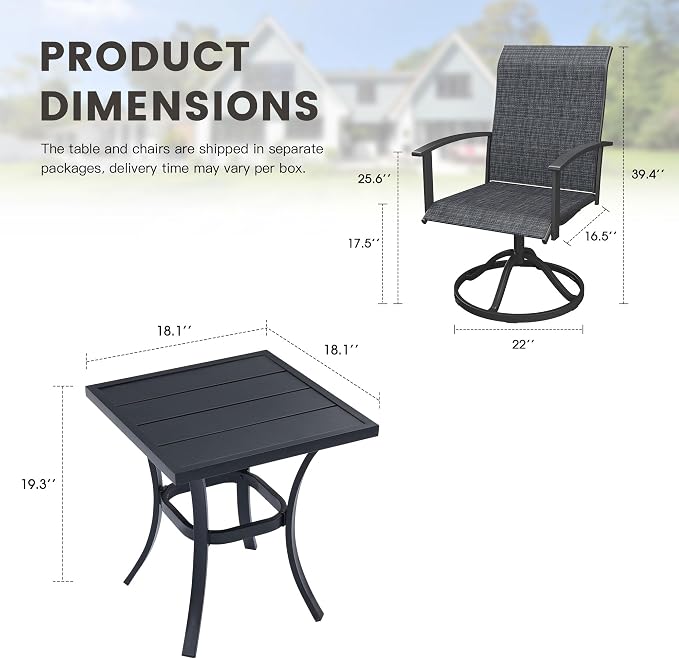 3 Pieces Small Patio Dining Set, Outdoor Furniture of 18.1" Square Patio Side Table & Patio Swivel Chairs for Backyard Lawn Garden, Black Table and Black Chairs