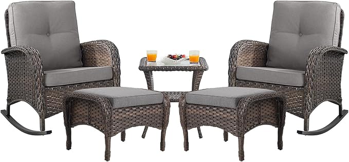 Belord Patio Rocking Chairs Furniture Set - 5 Piece Outdoor Wicker Furniture Sets with Ottomans, Small Patio Conversation Sets with Wicker Rocking Chairs Brown/Grey