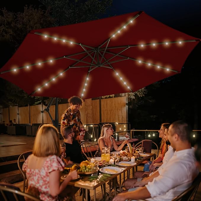 wikiwiki 10FT Solar Patio Offset Umbrella Outdoor Cantilever Umbrella Hanging Umbrellas with Weighted Base, Market Patio Umbrella for Backyard, Garden & Deck, Burgundy