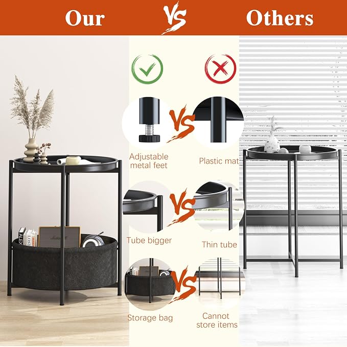 Garden 4 you Side Table with Fabric Storage Basket, Round Metal End Table, Small Bedside Table Nightstand with Removable Tray, for Nursery, Living Room, Bedroom, Bathroom, Black