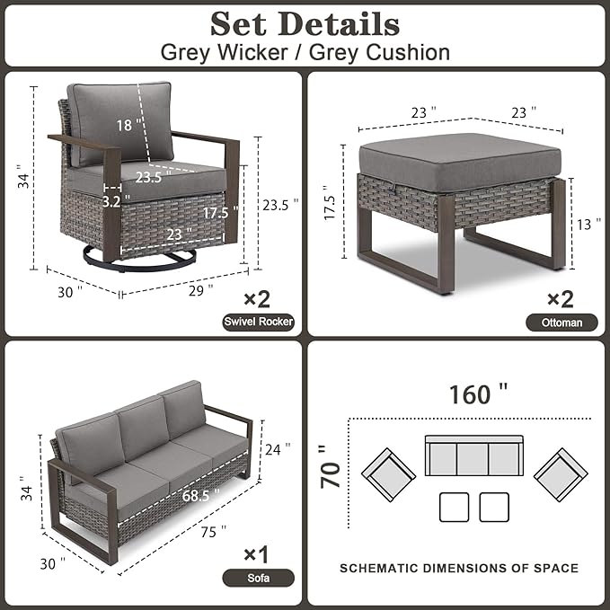 Belord 5 Piece Patio Furniture Set with Swivel Chairs, PE Wicker Patio Sofa Set Outdoor Swivel Rocker Patio Chairs with Anti-Rust Metal Wide Armrests for Deck Backyard Sunroom