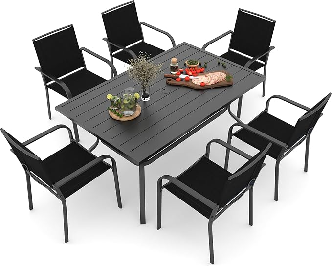 Anmutig 7 Piece Patio Dining Set, 60"X38" Rectangular Outdoor Table with 6 Mesh Stackable Black Chairs, All Weather