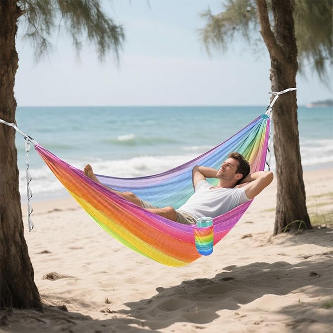 Qilmy Rainbow Camping Hammock Single – 330 lbs Capacity, Lightweight with Tree Straps & Carabiners, Portable for Hiking, Travel, Backpacking