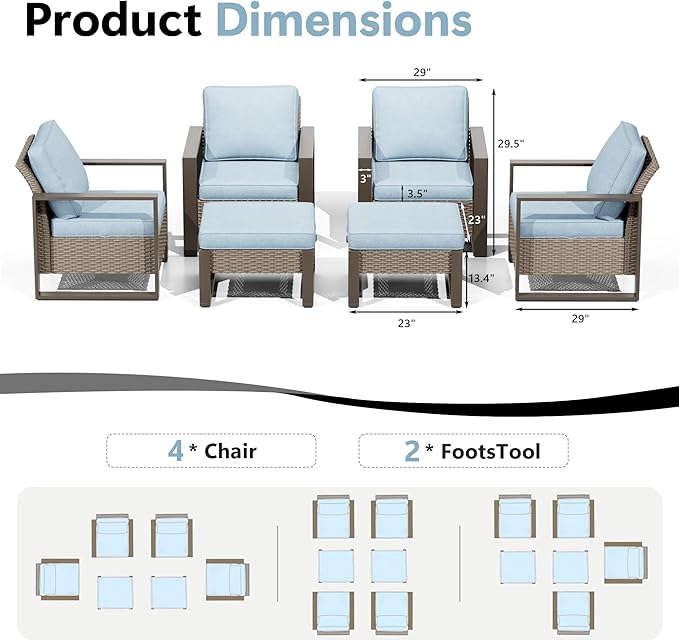 Outdoor Patio Furniture Set, 6 Piece Wicker Patio Conversation with Deep Seating, Thicken Cushions, Outdoor Club Chair, Metal Outdoor Furniture for Deck, Porch, Yard Use (Azure, 6 PCS/Chairs)
