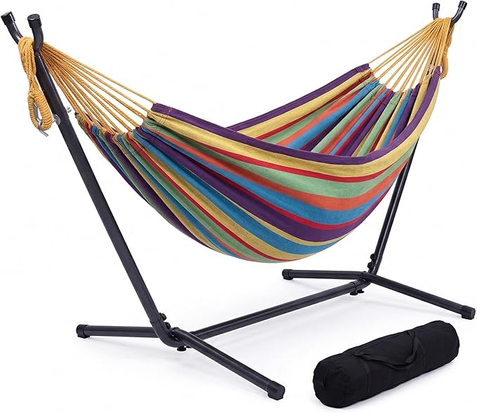 Portable Outdoor Hammock with Stand, Heavy Duty Steel Frame and Carrying Bag, Multi-Color Striped Polyester Fabric Hammock for Patio, Garden, Backyard & Camping, 250lbs Capacity