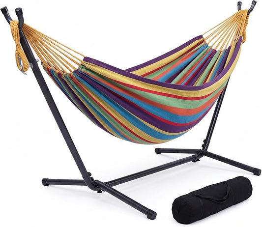 Portable Outdoor Hammock with Stand, Heavy Duty Steel Frame and Carrying Bag, Multi-Color Striped Polyester Fabric Hammock for Patio, Garden, Backyard & Camping, 250lbs Capacity