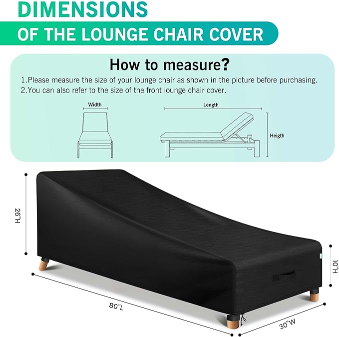 Oiforce Patio Chaise Lounge Cover Outdoor Waterproof, 2 Pack of Pool Lounge Chair Covers for Outside Furniture Covers All Weather Protection, 80" x 30" x 26" H, Black