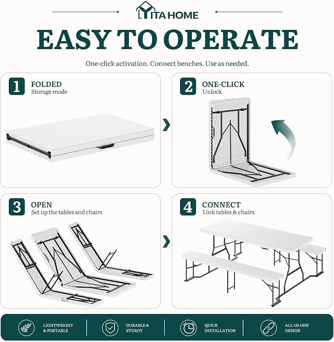 YITAHOME 6ft Folding Picnic Table with Benches, Heavy Duty Iron Frame & HDPE Plastic Table Set, Portable Outdoor Folding Table with Center Lock for Backyard, Park, Camping, Beach, White