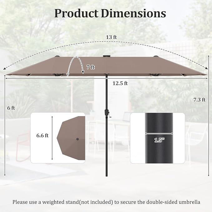 HAPPYGRILL 13 FT Double-sided Patio Umbrella with Solar Lights, Crank Handle & 12 Heavy-Duty Ribs, Outdoor Twin Size Oversized Rectangle Market Umbrella for Garden Deck Poolside