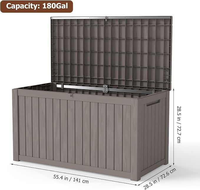 180 Gallon Waterproof Outdoor Storage Box, UV-Resistant & Lockable Lid | Resin Deck Box , Heavy-Duty Large Patio Outside Cushions for Garden Tools, Pool Accessories, Package Delivery, Chest, Toys