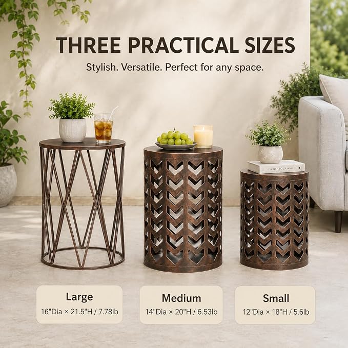 Y&M Set of 3 Black with Bronze End Tables, Nesting Metal Round Coffee Table, Heavy Duty Metal Plant Stand Garden Stool, Outdoor Multifunctional Use
