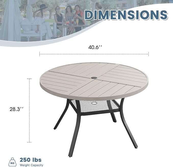 DIFY 40.6" Round Outdoor Patio Dining Table for 4, All-Weather Metal Steel Slatted Patio Table with 1.57" Adjustable Umbrella Hole, for Lawn Garden Porch Backyard, Grey Wood-Like