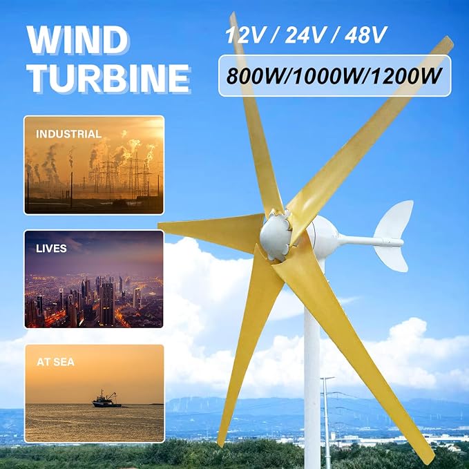 1200W Wind Turbine Generator Power Kit - 12V/24V/48V with MPPT Controller & 5 Durable Yellow Blades, Pure Copper Core Windmill for Outdoor Renewable Energy