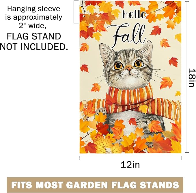 Hello Fall Cat Garden FLag 12X18 IN Double Sided Maple Leaves Autumn Garden Flags for Harvest Farmhouse Seasonal Yard Outside Decoration