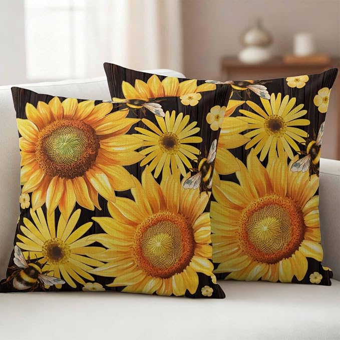 Outdoor Throw Pillow Covers,Yellow Sunflower Daisy Flower Waterproof Decorative Pillowcases Cushion Cover Spring Rustic Floral Bee Black Pillow Cases for Patio Couch Sofa Bed,16x16in Set of 2