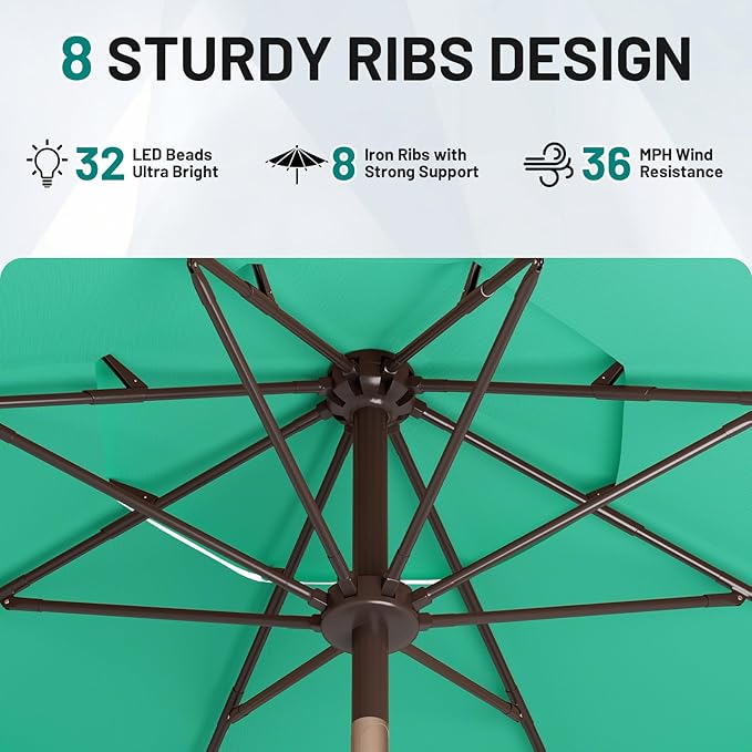 AreShark 9ft 3 Tiers Patio Umbrella with Solar Lights, Outdoor Umbrella w/ 32 LED Lights&8 Sturdy Ribs, Table Umbrella for Deck, Backyard, Pool (Turquoise)