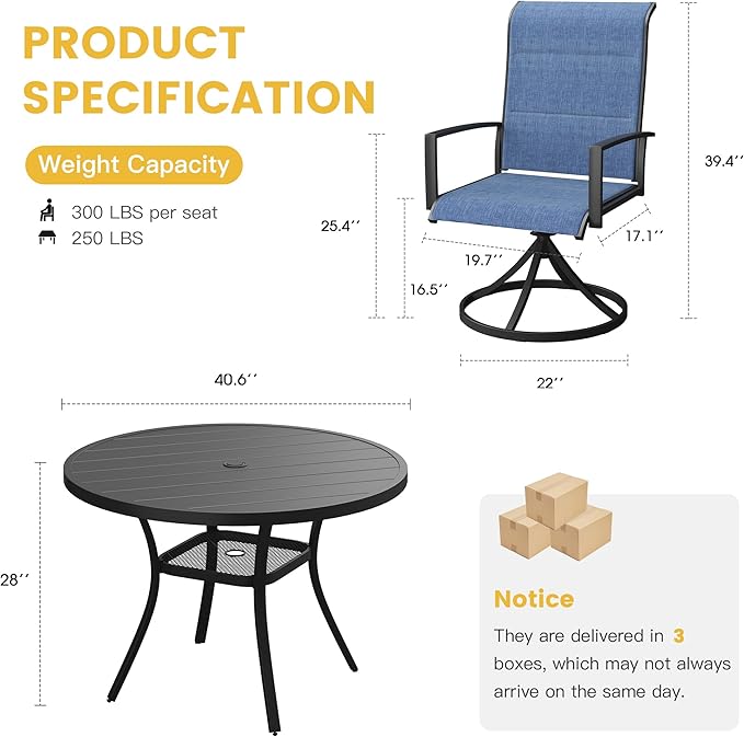 VICLLAX Patio Dining Set for 4, 5 Pieces Outdoor Furniture Set- 40.7" Round Outdoor Table and Swivel Padded Chairs, Black Tabletop and Blue Fabric