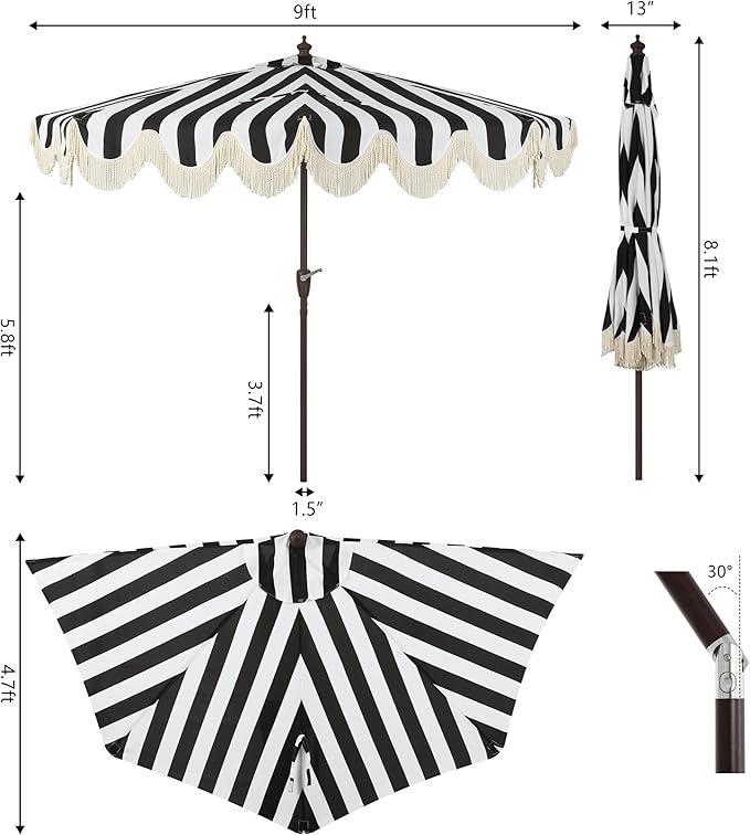 JONATHAN Y Beverly 9 ft. Coastal Black and White Striped Half Patio Umbrella with Scalloped Fringe, Crank Lift, and Manual Tilt for Balcony, Dark Brown Pole UMB1201A