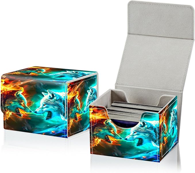 Card Deck Box for MTG, Cards Storage Box Fits 120+ Sleeved, Leather Small Size Strong Magnetic Closing Card Case for Board Games Magic TCG CCG Baseball Collection, Two Flaming Wolves
