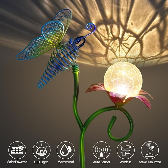 Solar Butterfly Garden Lights-Solar Powered Outdoor Decorative Lights with Metal Stakes & Butterfly Decor Waterproof Crackle Glass Globe Led Landscape Lighting for Garden Pathway Lawn Yard (1PC)