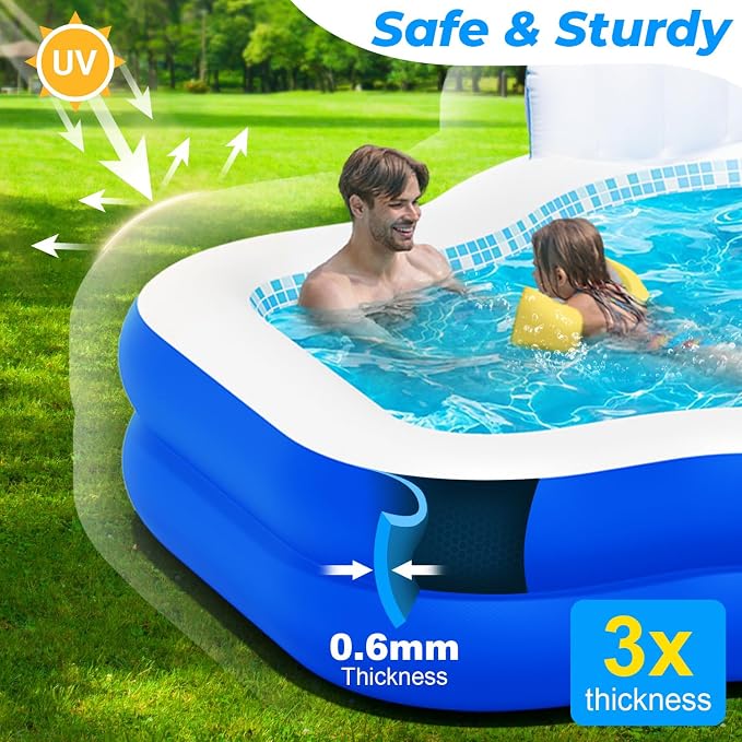 Inflatable Swimming Pool with Seat Pump, 121" X 90" X 22" Blow-Up Pool for Kids Adults Oversized Thickened Kiddie Pool Family Full Sized Inflatable Pools for Garden, Backyard, Outdoor Water Party