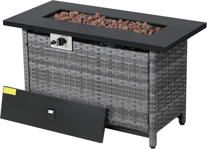 Rectangular PE Rattan Propane Fire Pit Table, 41 Inch Outdoor 50000 BTU Gas Firepit Table with Metal Tabletop & Lava Rocks, All Weather Patio Fire Pit for Backyard Garden Deck Porch