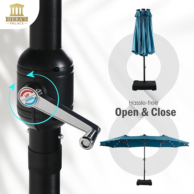 HERA'S PALACE 15ft Patio Umbrella with Base Included Double Sided Outdoor Umbrella for Patio Table Umbrella Outdoor 36 LED Solar Lights for Garden